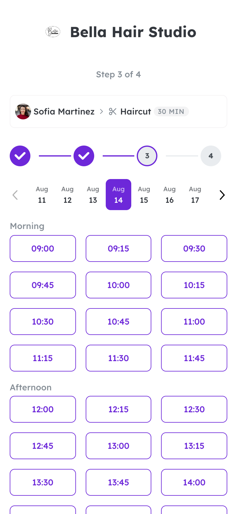 Página de reservas — elegir un horario disponible