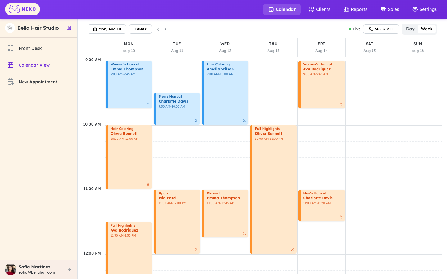 Calendario semanal con citas por colores