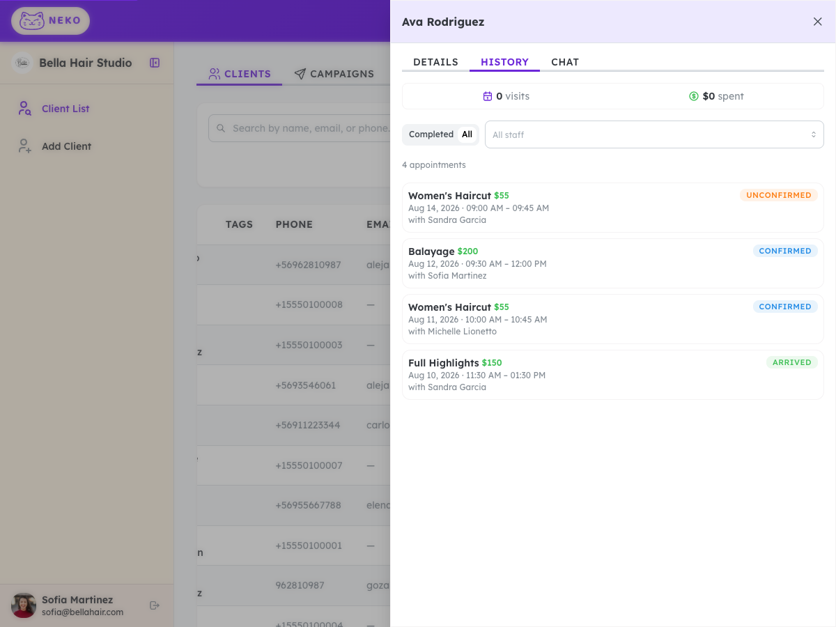 Historial de citas del cliente con servicios, precios, personal y estado